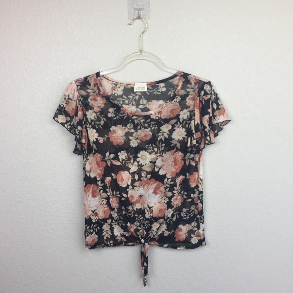 CAUTION TO THE WIND Sheer Mesh Floral Blouse